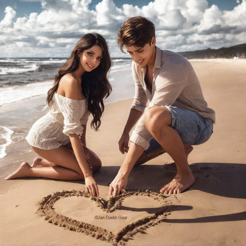 Couple Drawing Heart in Sand on Beach with Ocean View