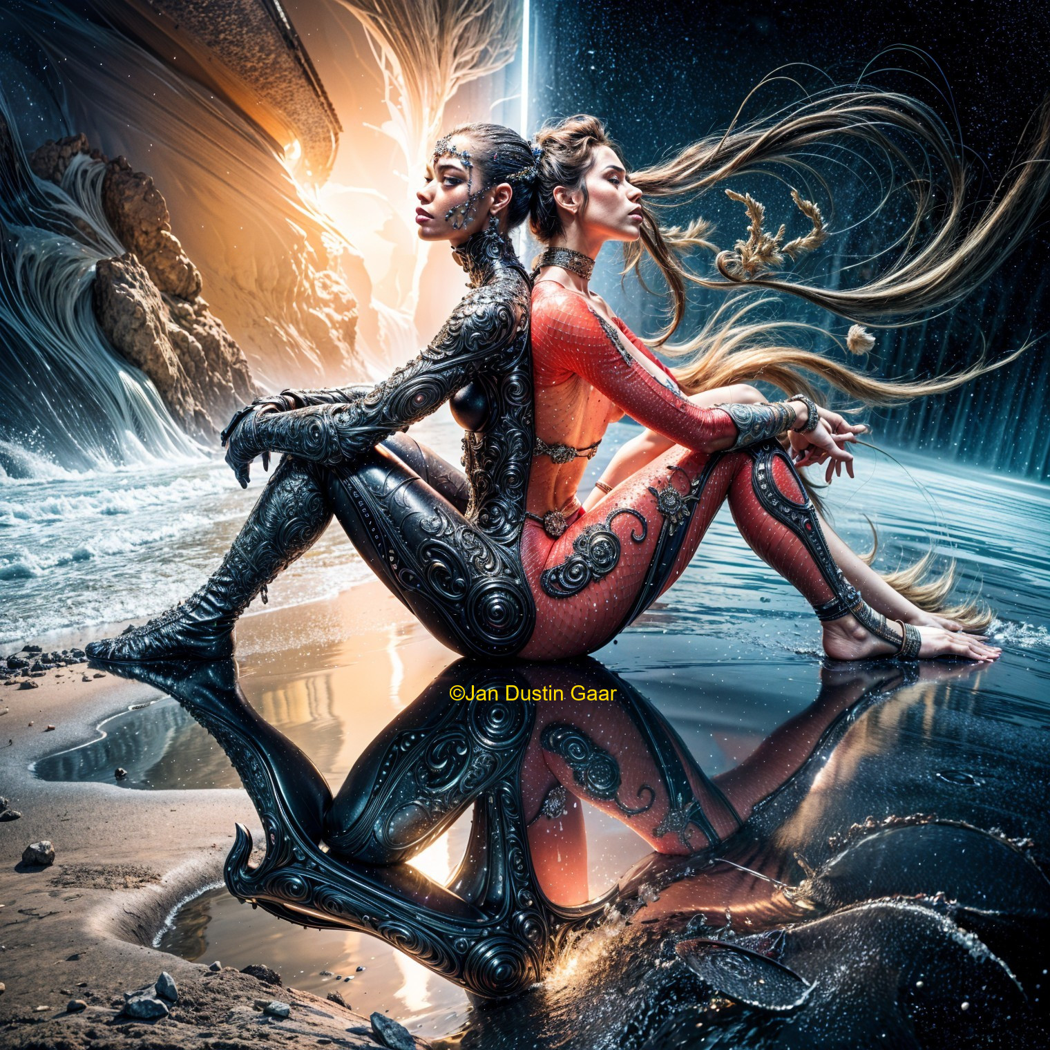 Women with Body Paint Against Cosmic Backdrop