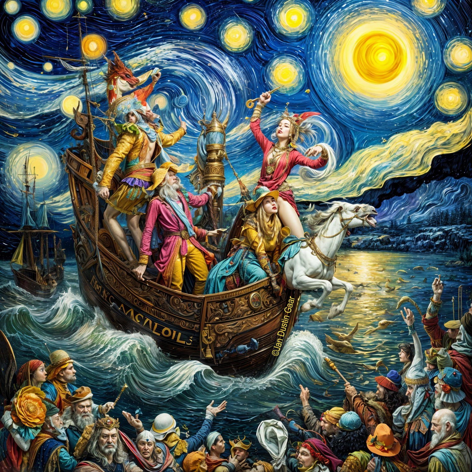 Whimsical Ship Sailing on a Starry Night Sea