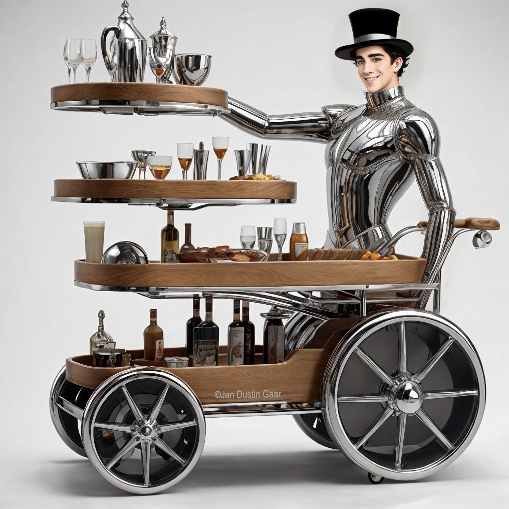 Futuristic Metallic Humanoid Serving Drinks and Snacks