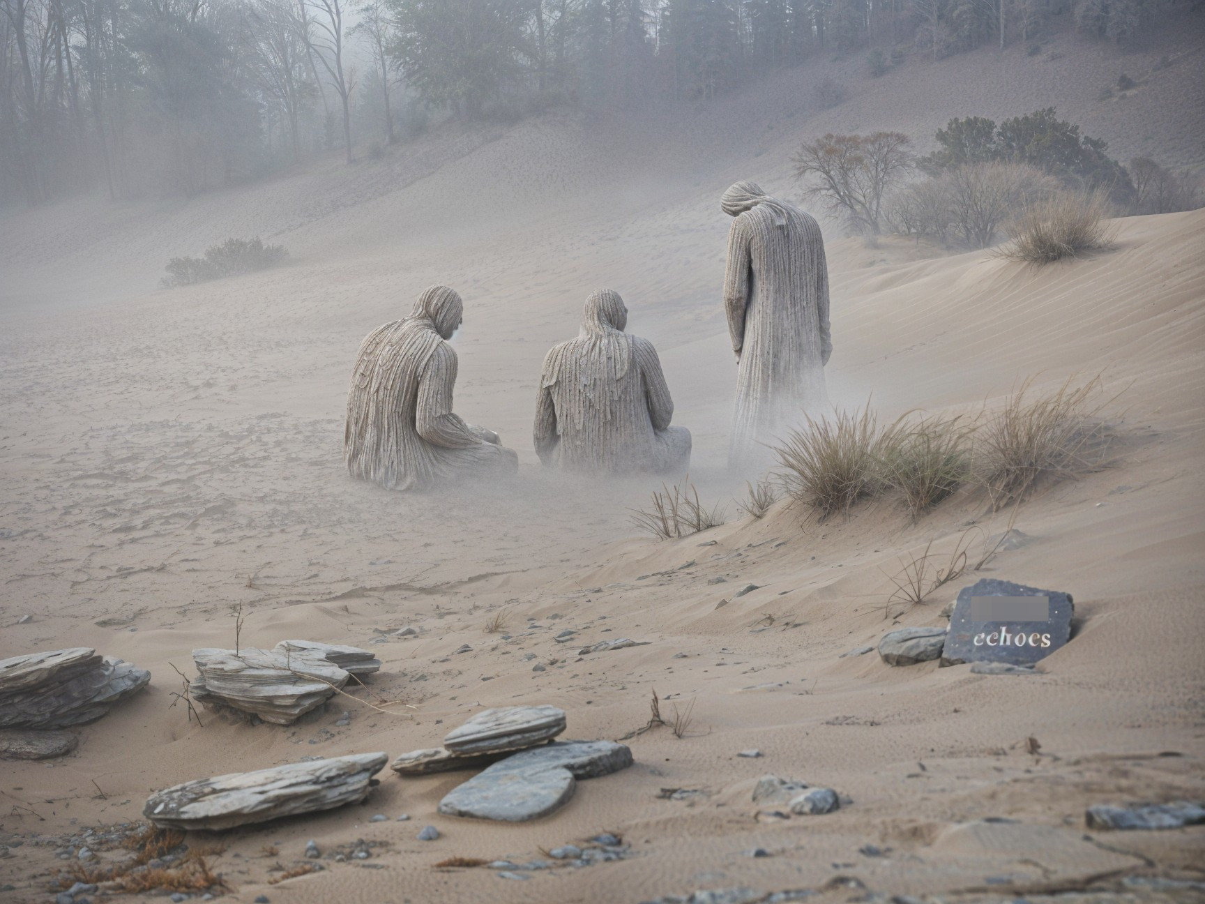 Misty Landscape with Kneeling Stone-Like Figures