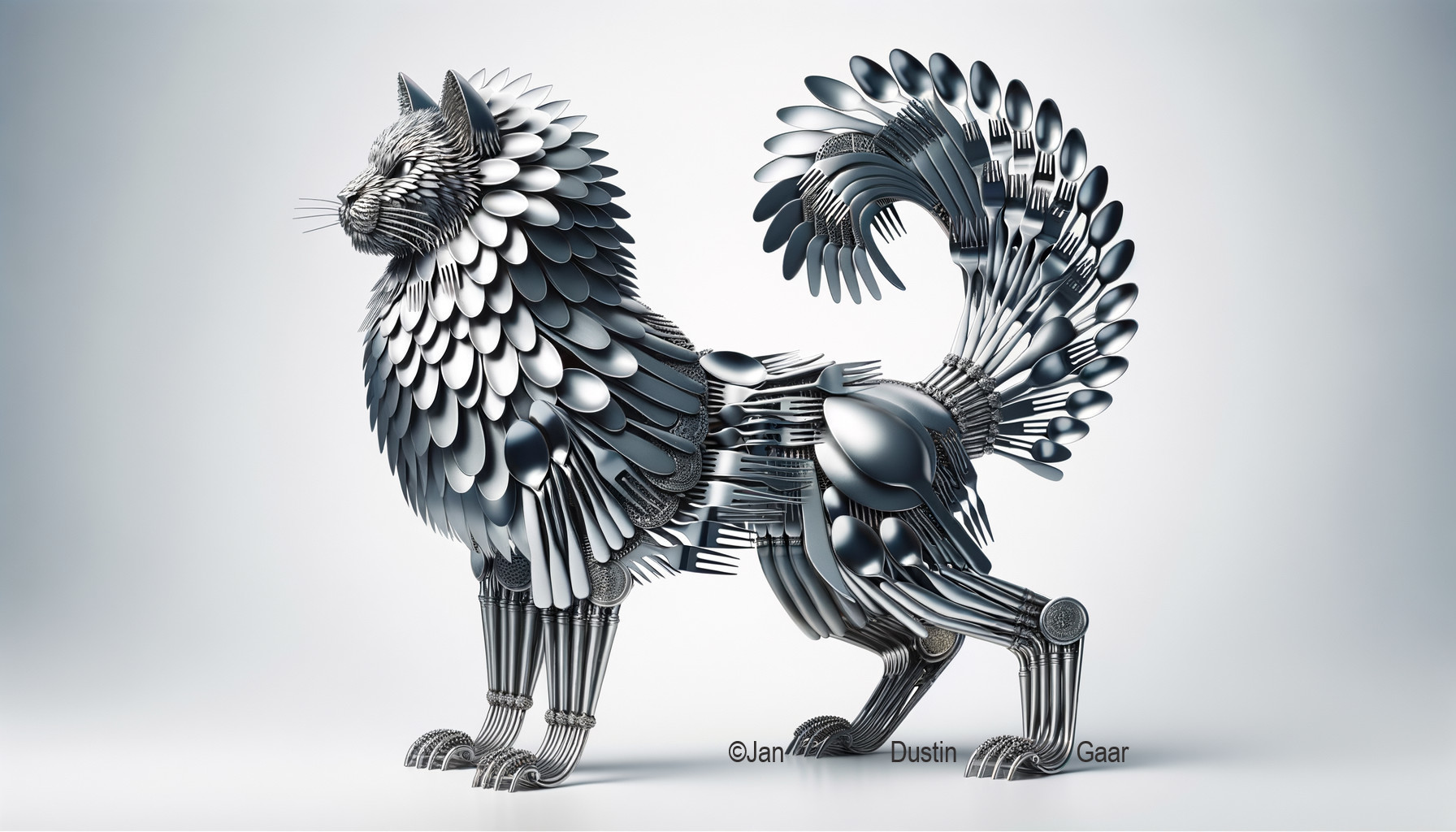 Metallic Mythical Creature Sculpture: Lion Body, Bird Wings