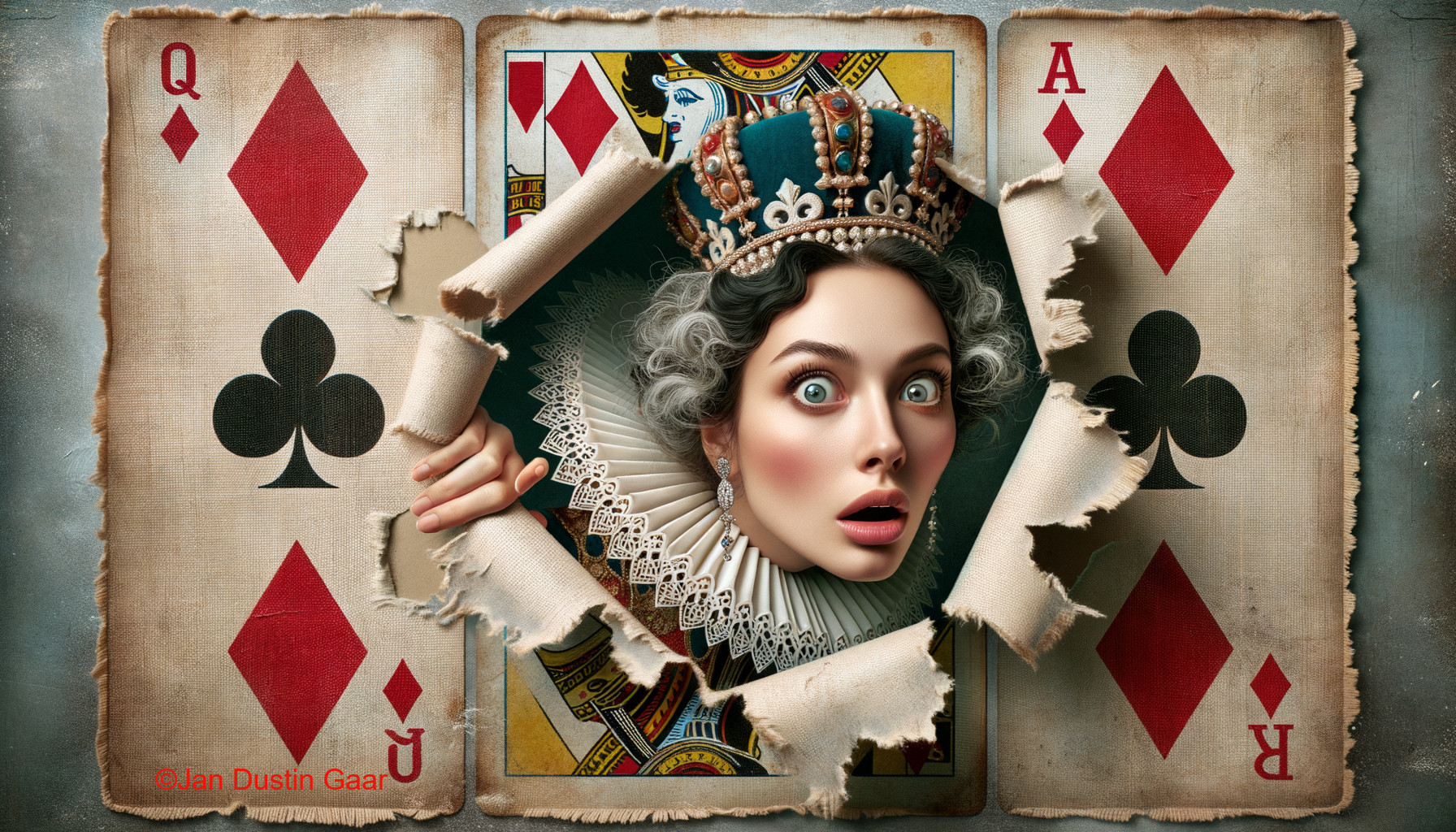 Queen of Hearts Woman Emerging from Torn Playing Cards on Old Paper Texture