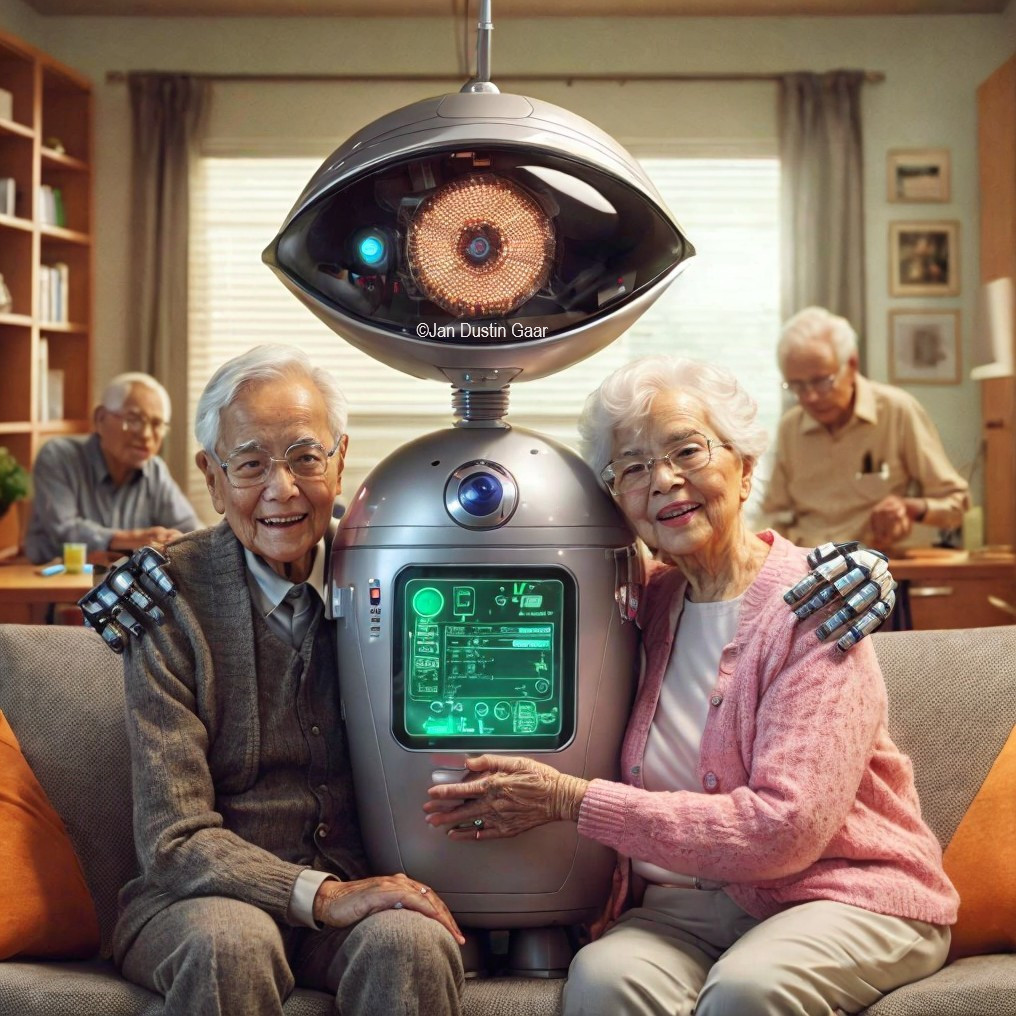 Elderly Couple with Friendly Robot on Couch Scene