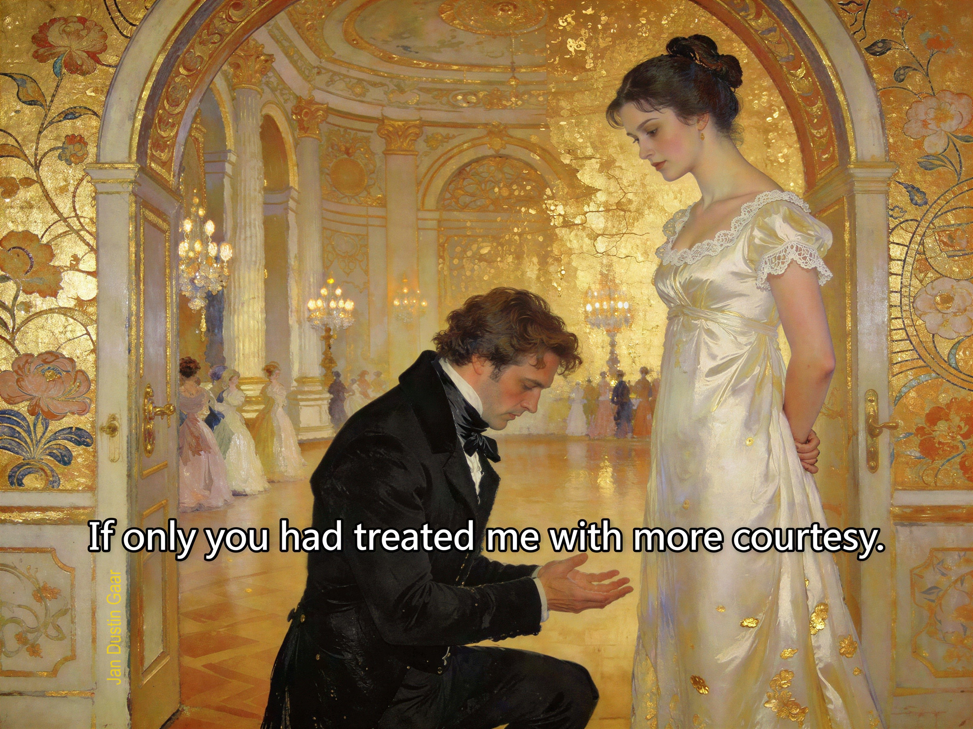 Man in Black Suit Kneeling Before Woman in White Dress