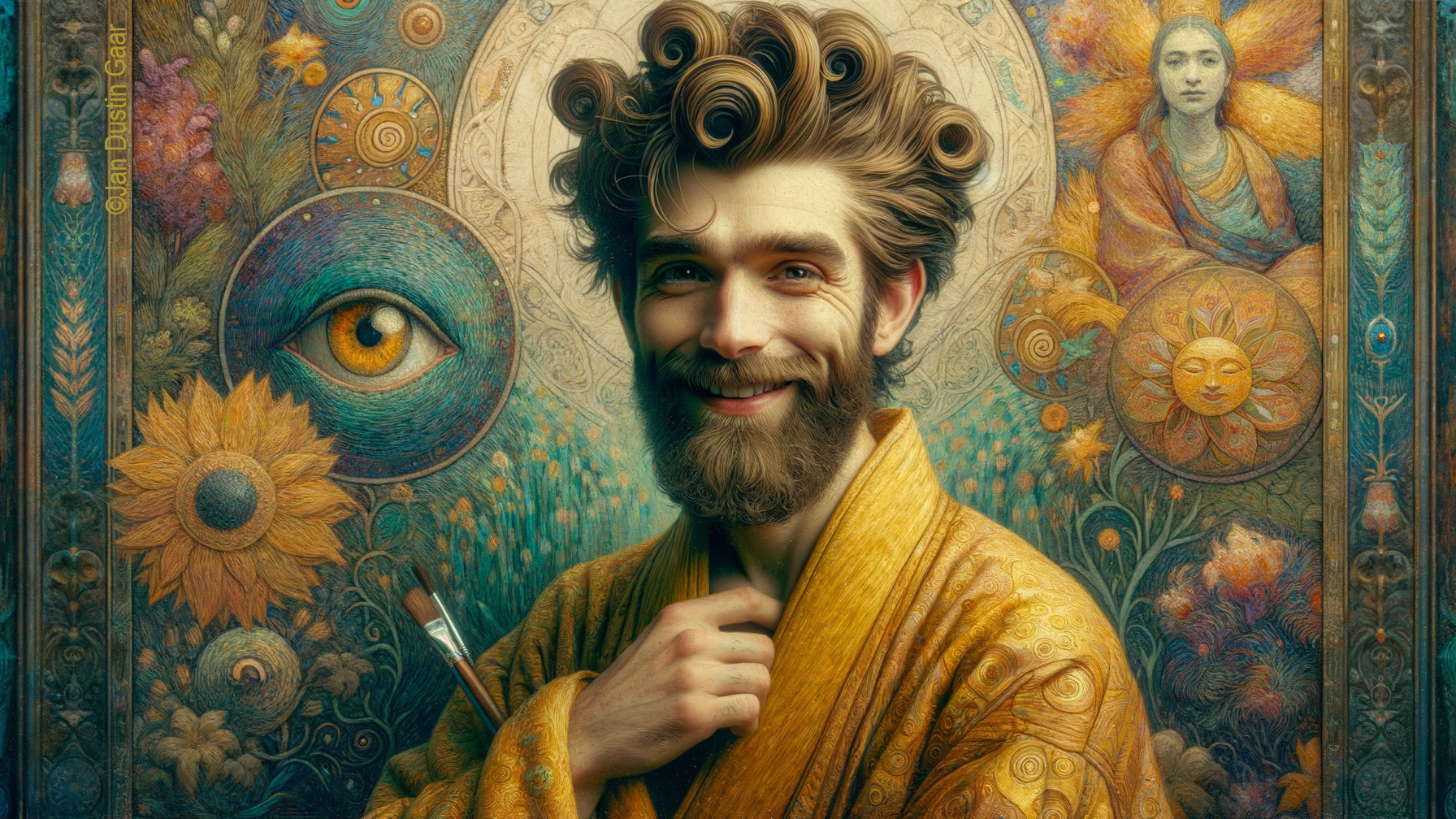 Man in Golden Robe with Paintbrush Among Sunflowers