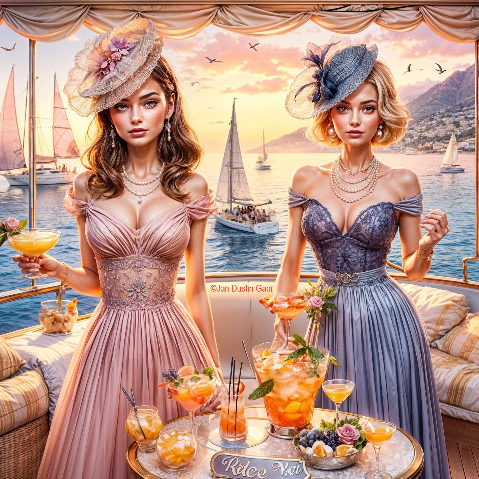 Elegant Women by Sunset Table with Colorful Cocktails