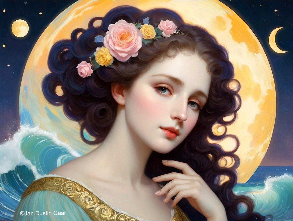 Stylized portrait of a woman with roses by the sea