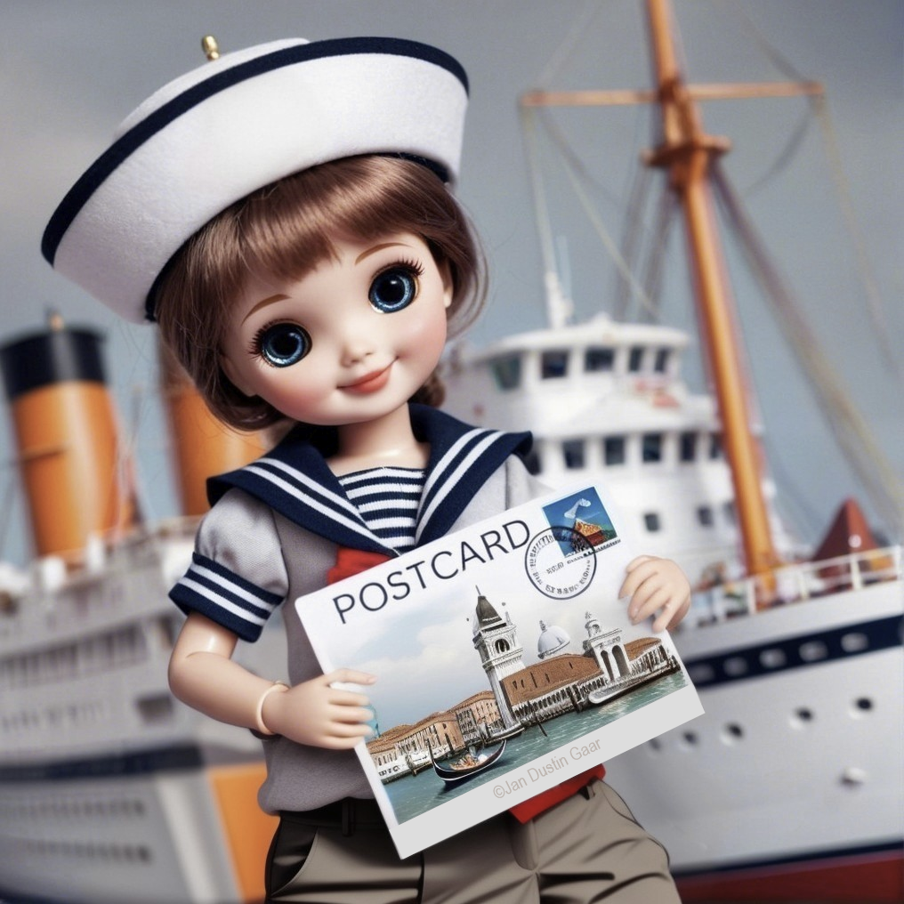 Doll in Sailor Outfit with Vintage Ship and Postcard