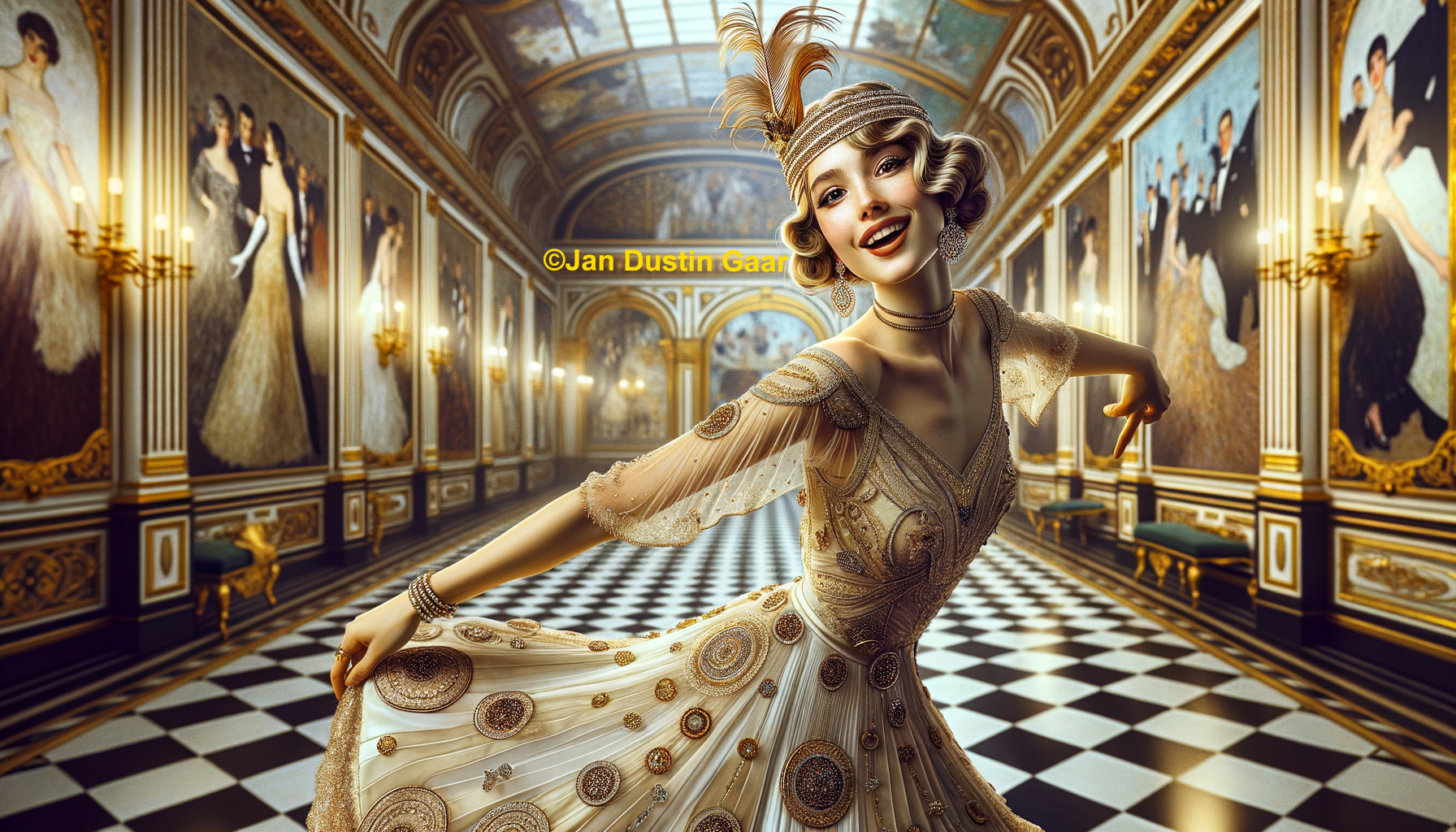 Vintage ballroom scene with elegant animated woman joyfully dancing alone