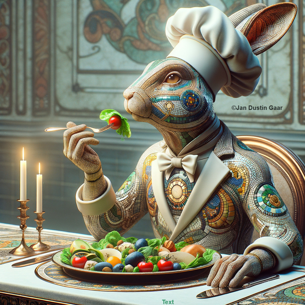 Anthropomorphic rabbit chef tasting sauce at elegant table