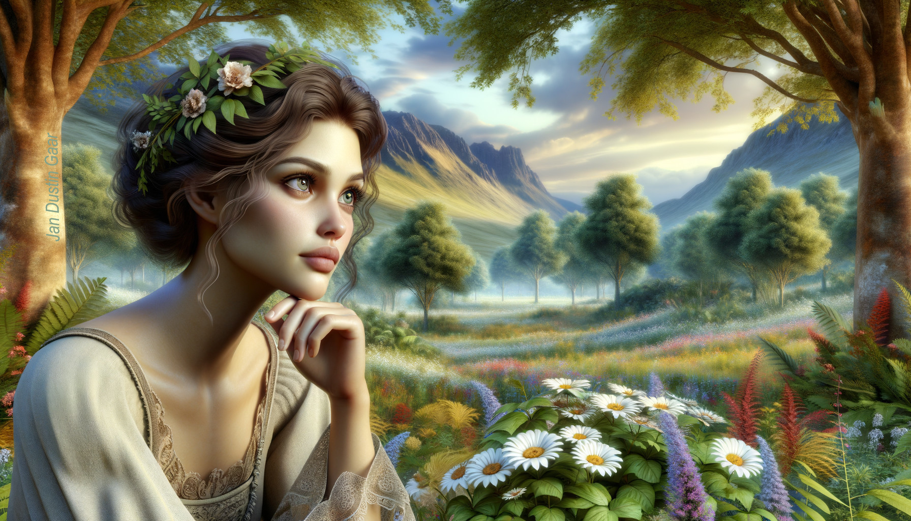 Digital Artwork: Pensive Lady with Floral Crown in Serene Landscape