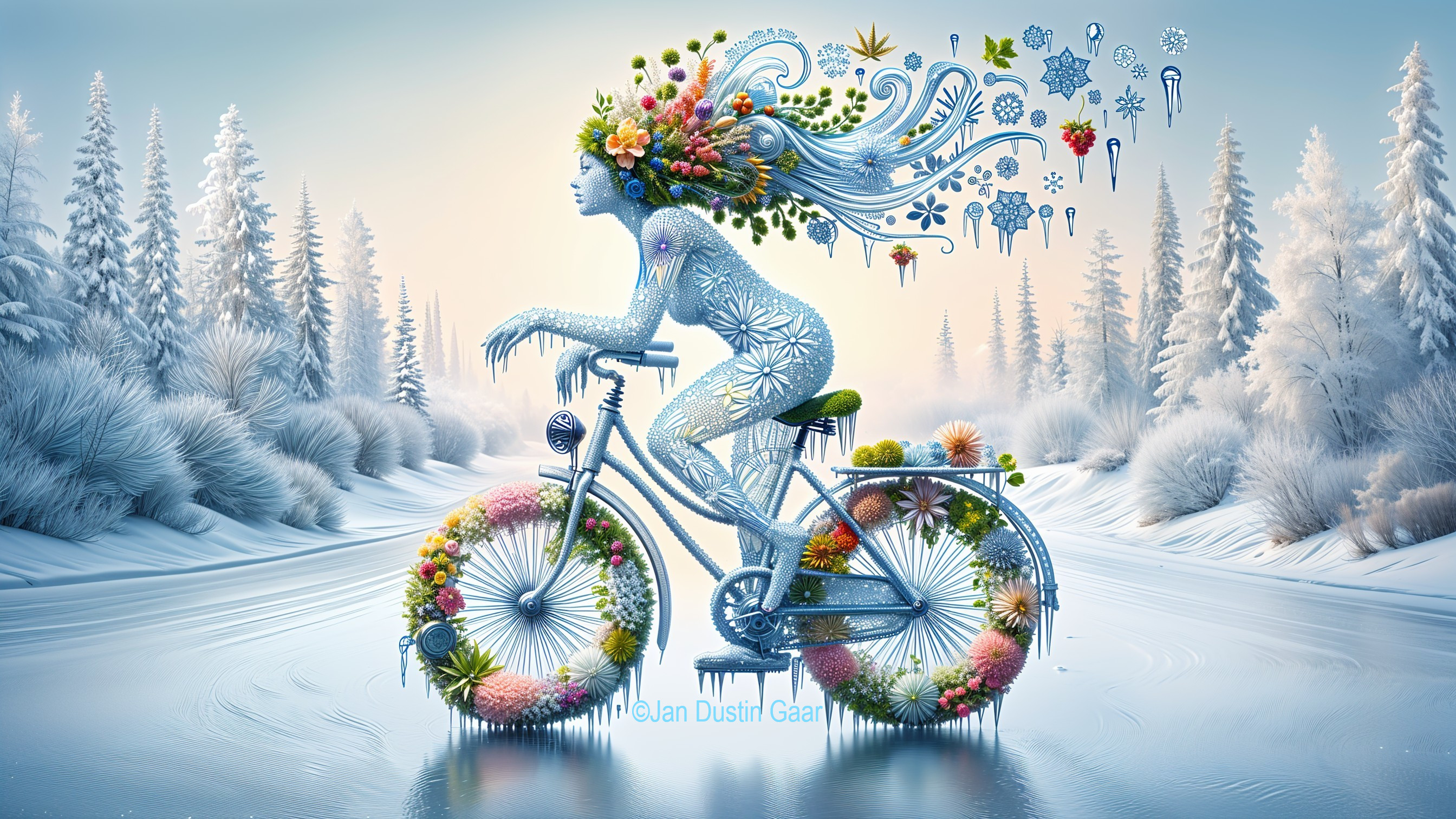 Whimsical Ice Figure on Floral Bicycle in Winter Scene