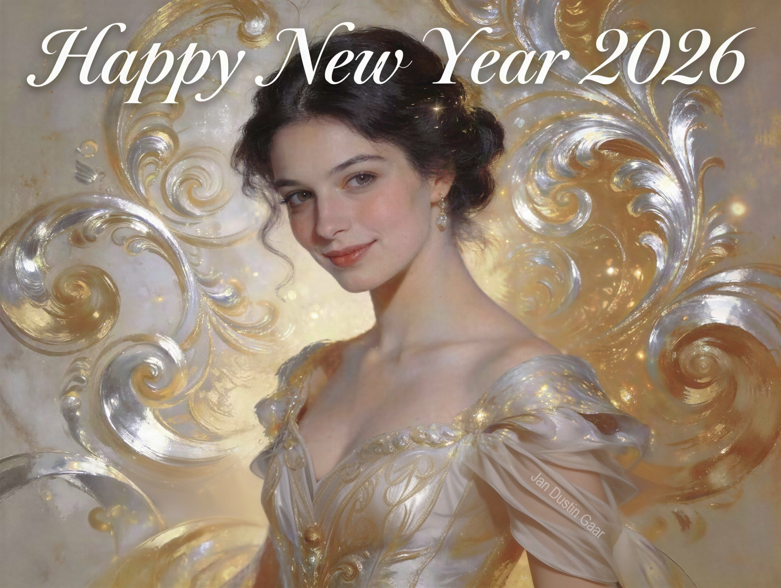 Elegant Woman in Cream and Gold Gown with Updo