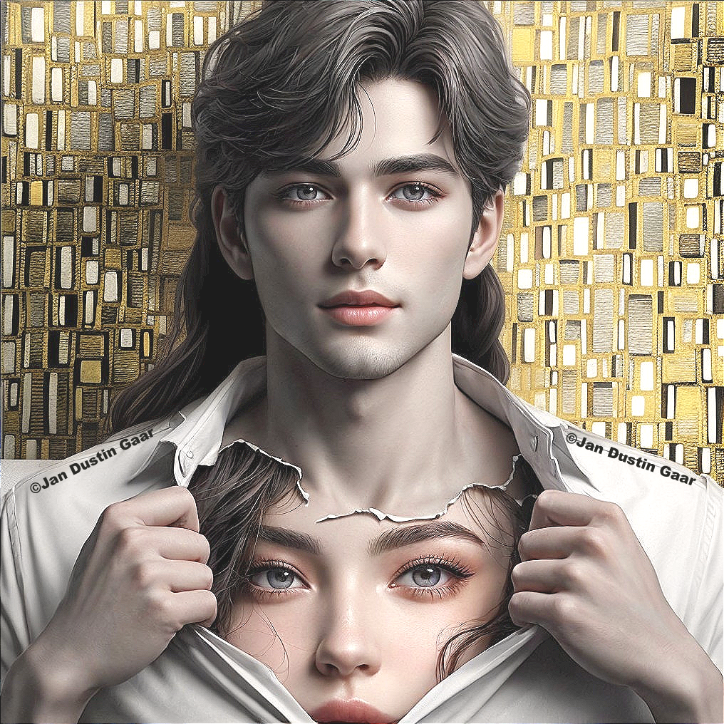 Male figure tearing female's eyes image on gold background