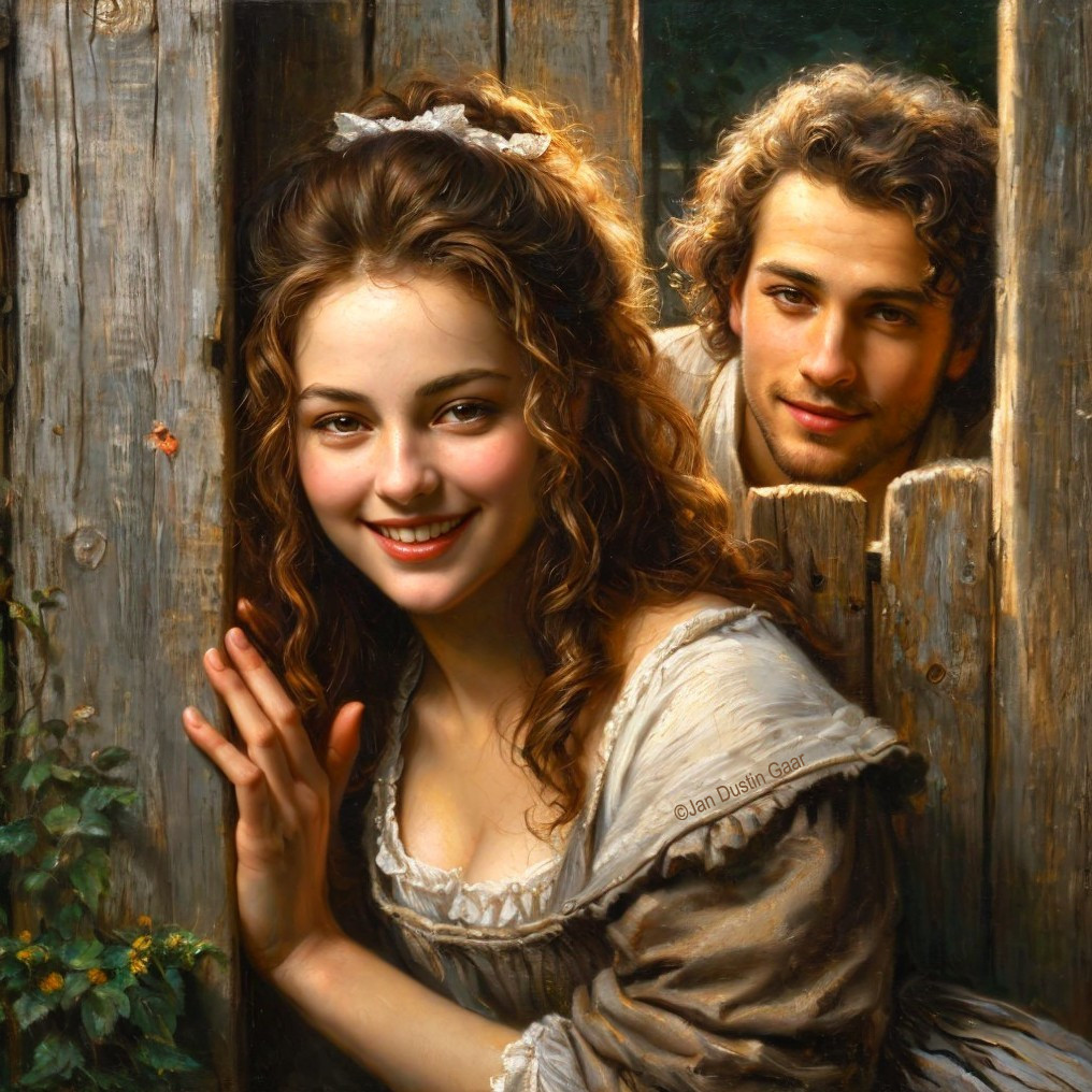 Young Couple Playfully Leaning on Wooden Fence