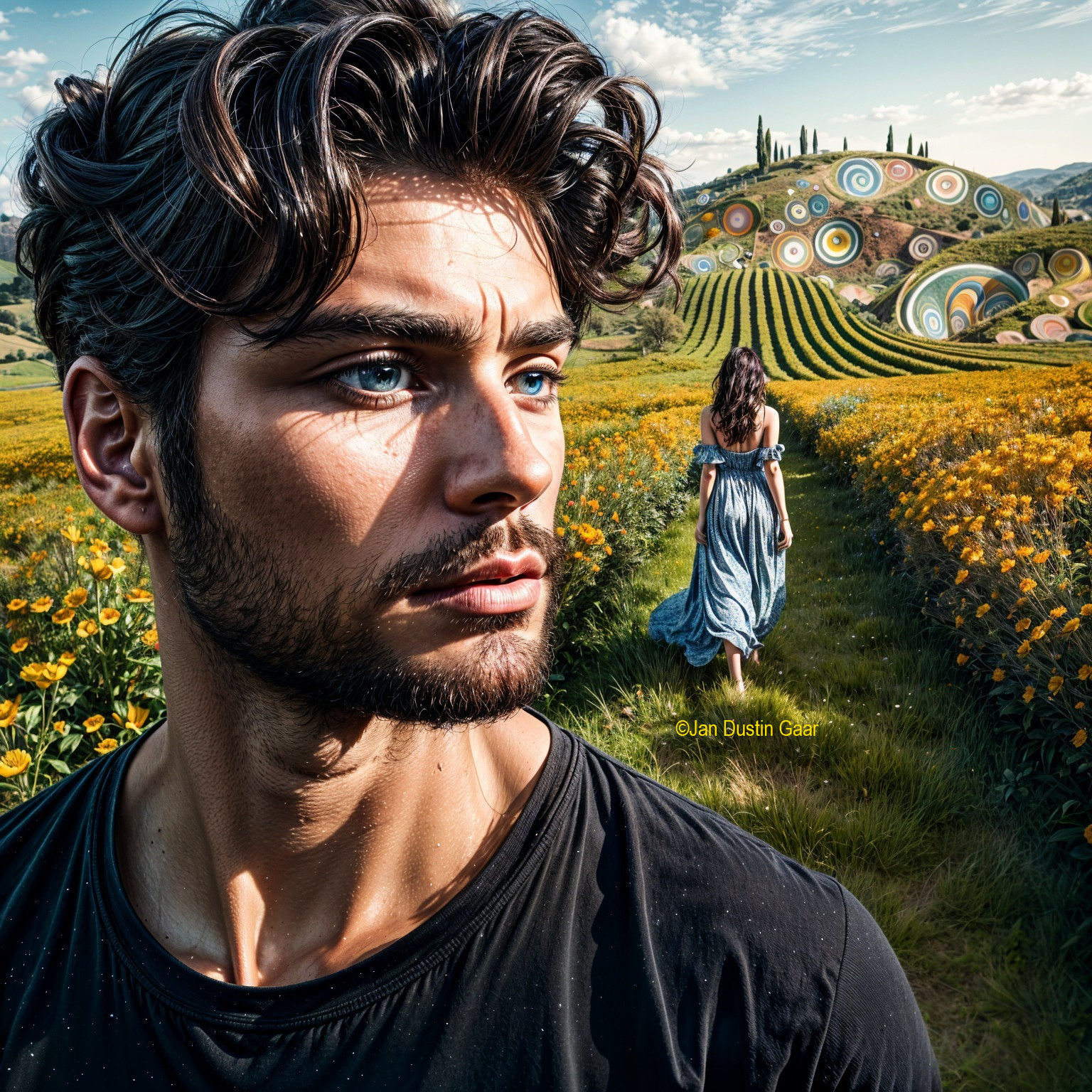 Man with Blue Eyes in Vibrant Flower Field Scene