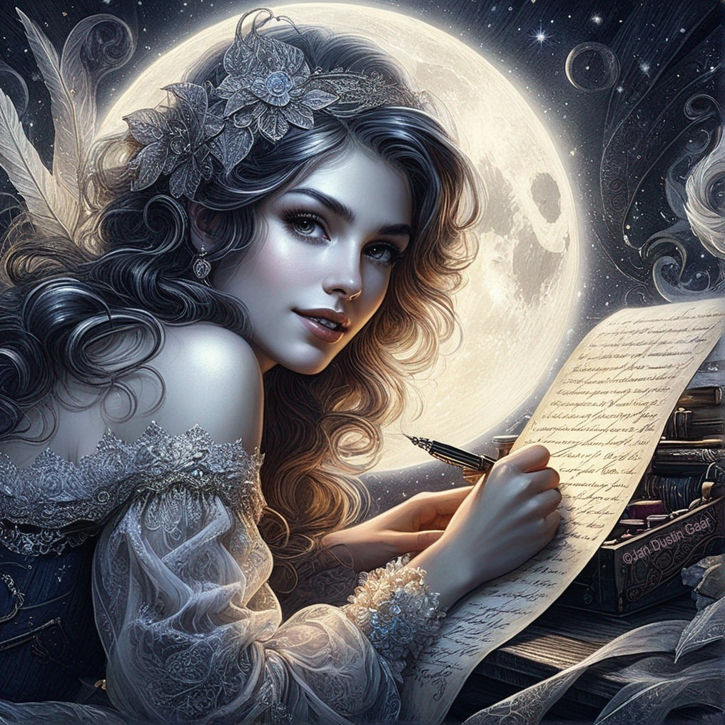 Mystical Scene of a Woman Writing in Moonlight