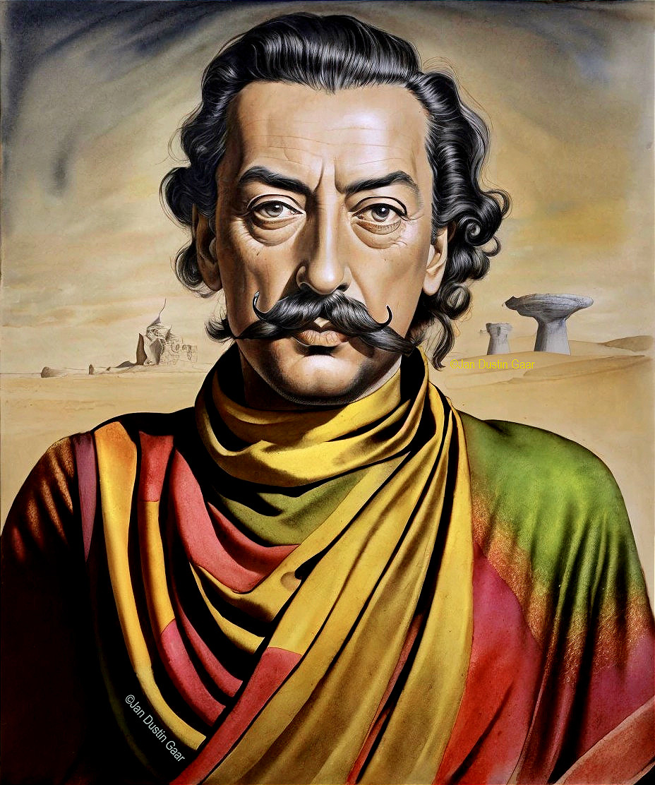Man with Curly Hair in Colorful Garment in Desert Scene
