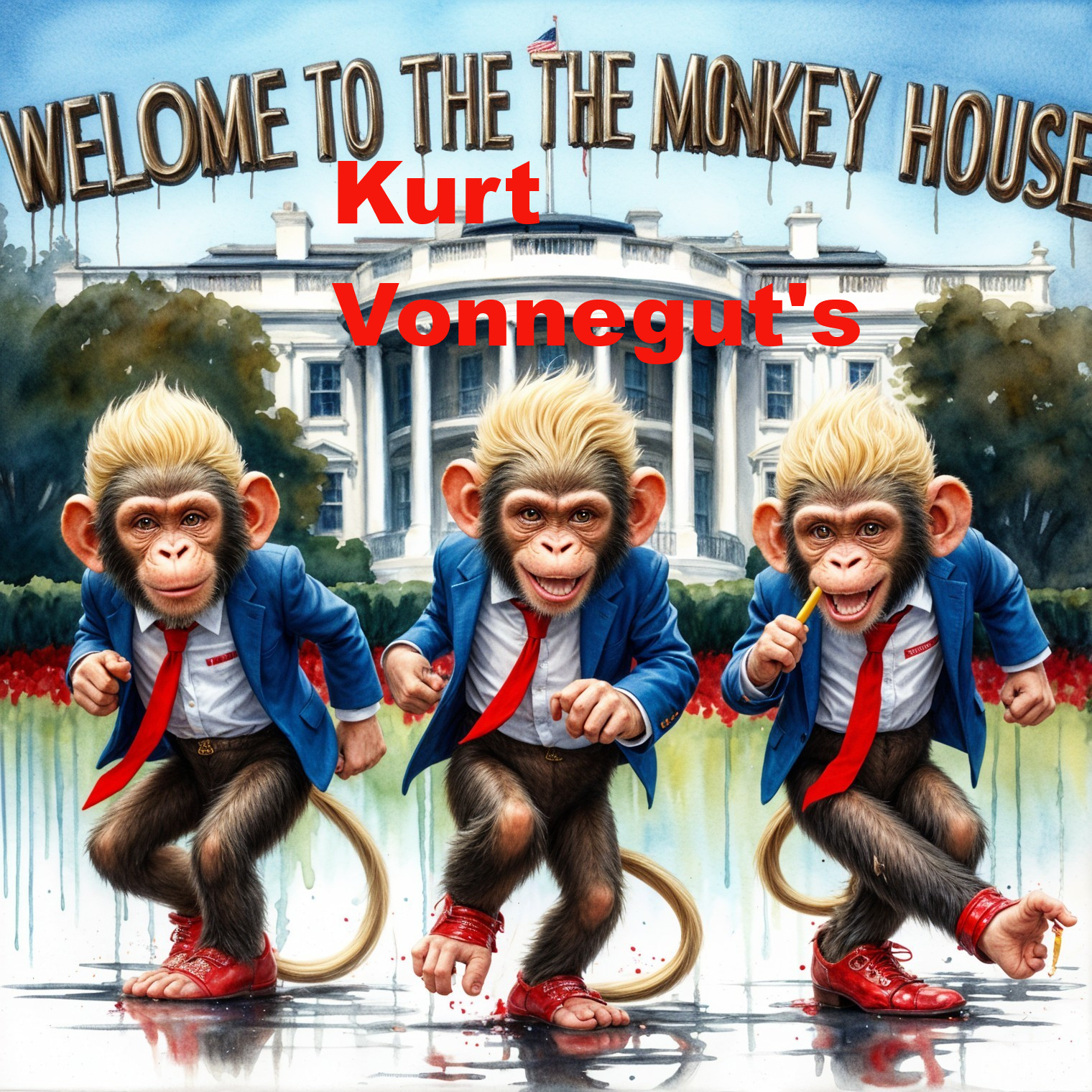 Cartoon Monkeys in Suits at Whimsical White House