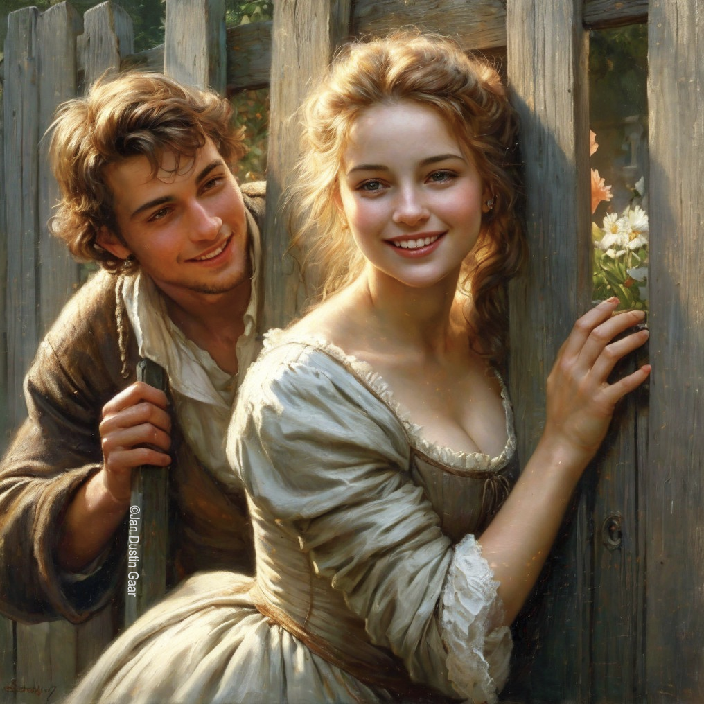 Young couple by a rustic wooden fence in nature