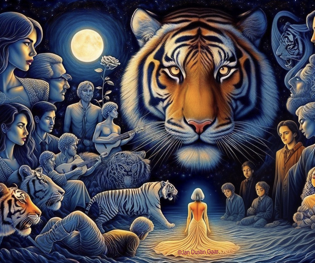 Mystical Gathering of Humans and Tigers Under Moonlight