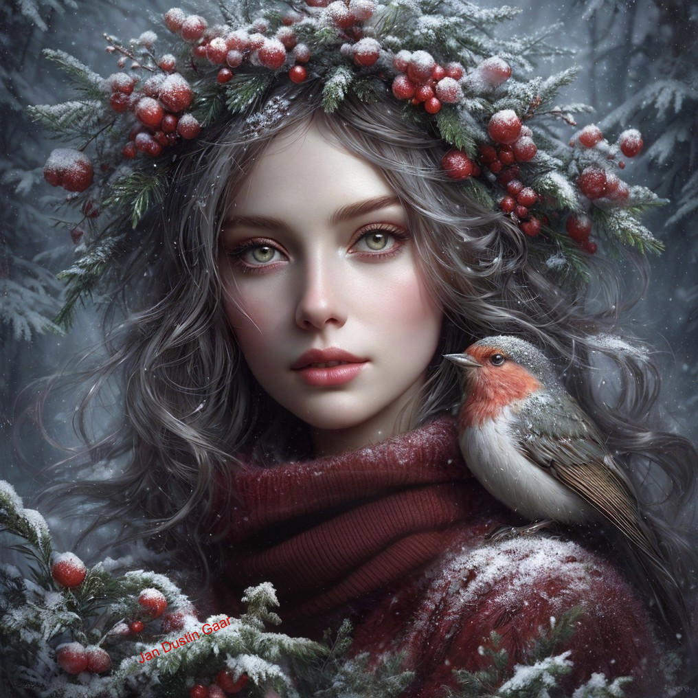 Digital artwork: Woman with berry crown and bird in snowy setting