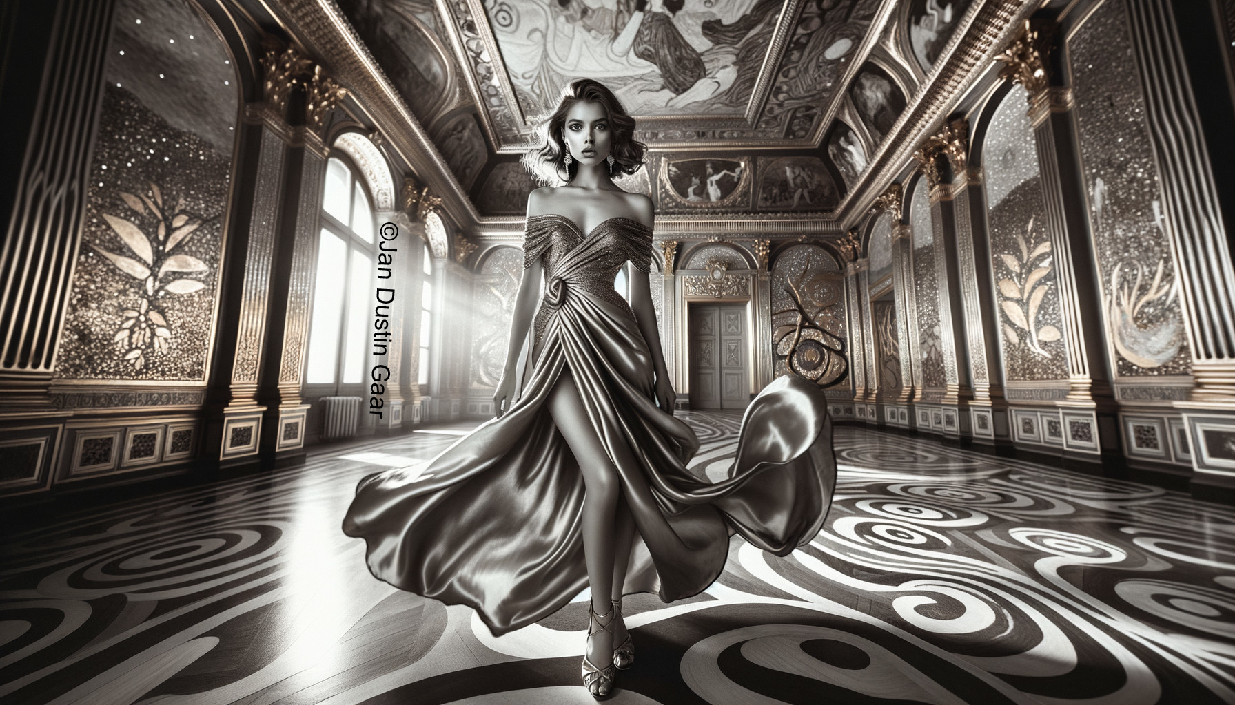 Elegant Woman in Metallic Dress in Ornate Hall