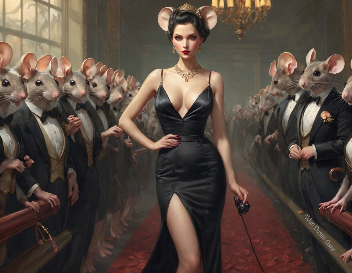 Glamorous Woman and Tuxedo Mice in Opulent Ballroom