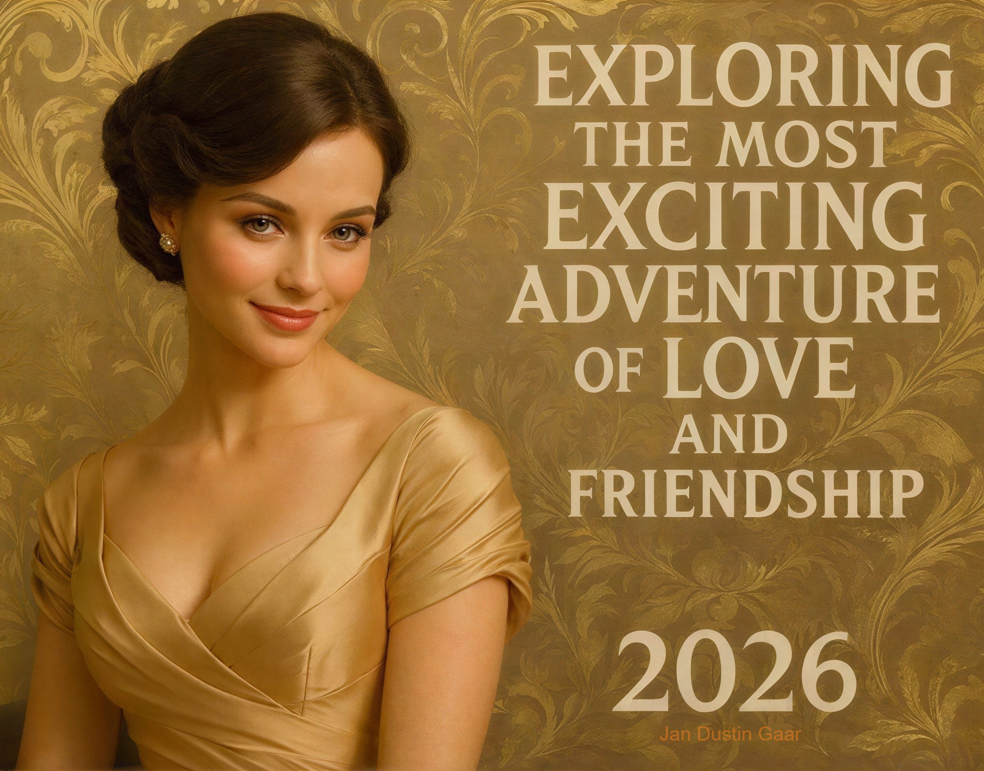 Young woman in gold dress with elegant updo and smile