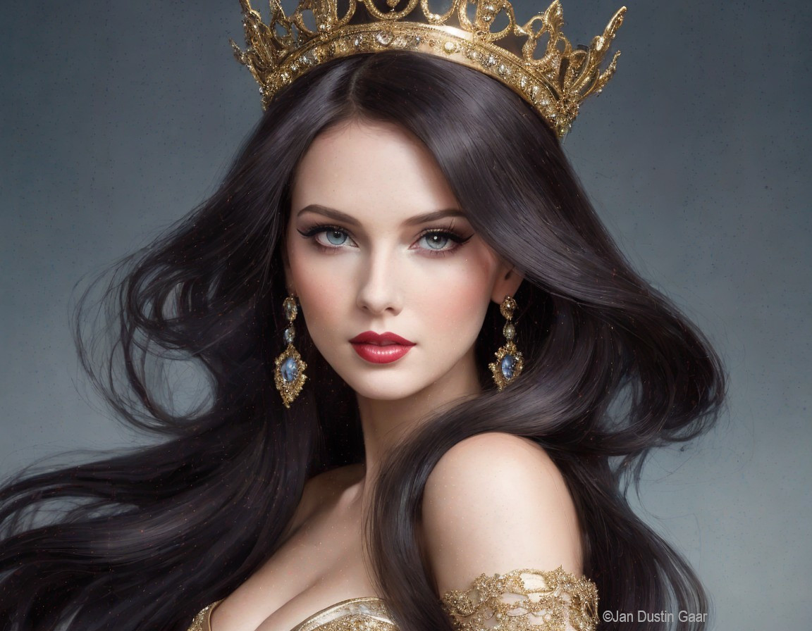 Elegant Woman with Dark Hair and Golden Crown