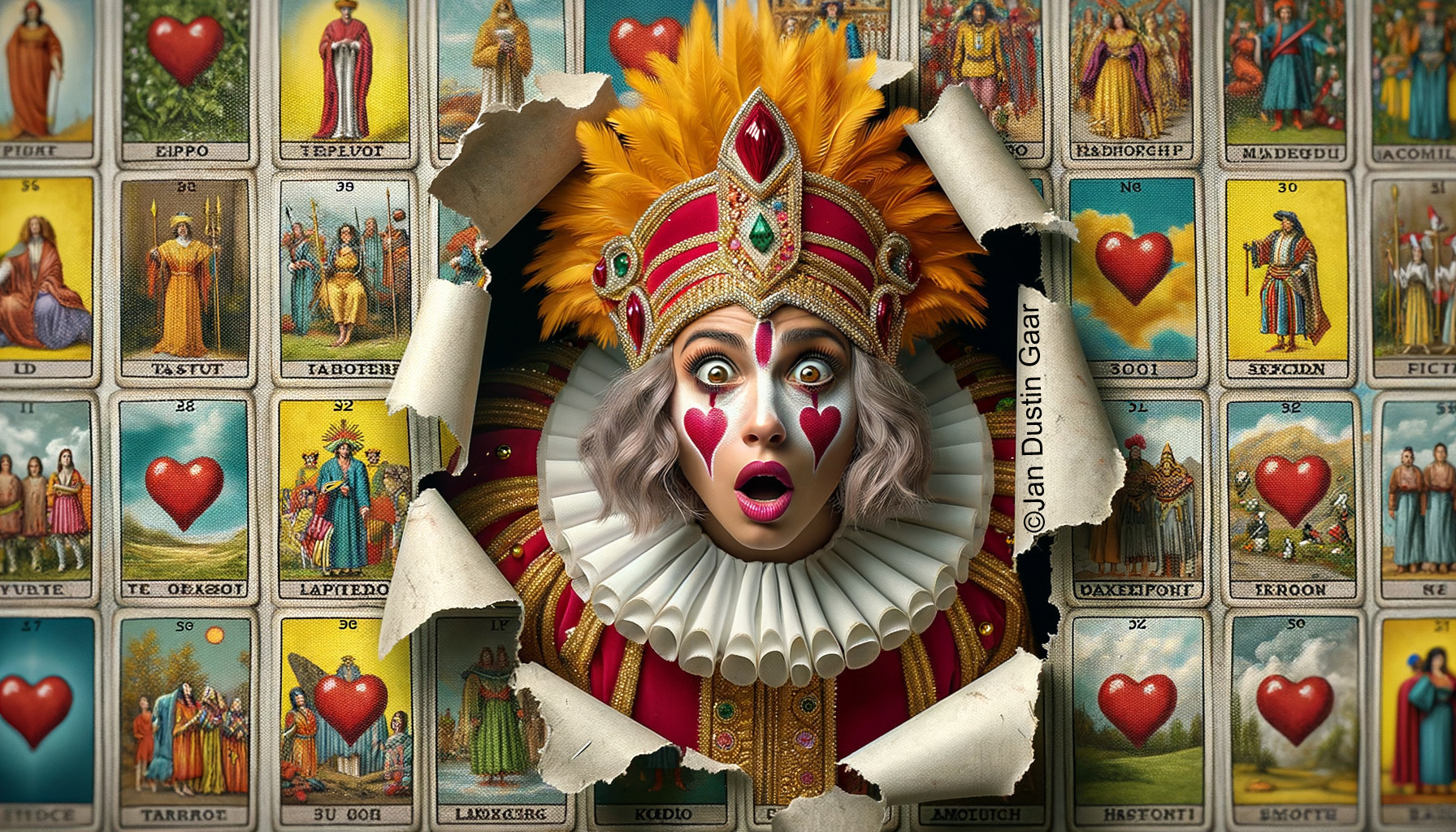 Colorful jester emerges from torn tarot card collage in surprise