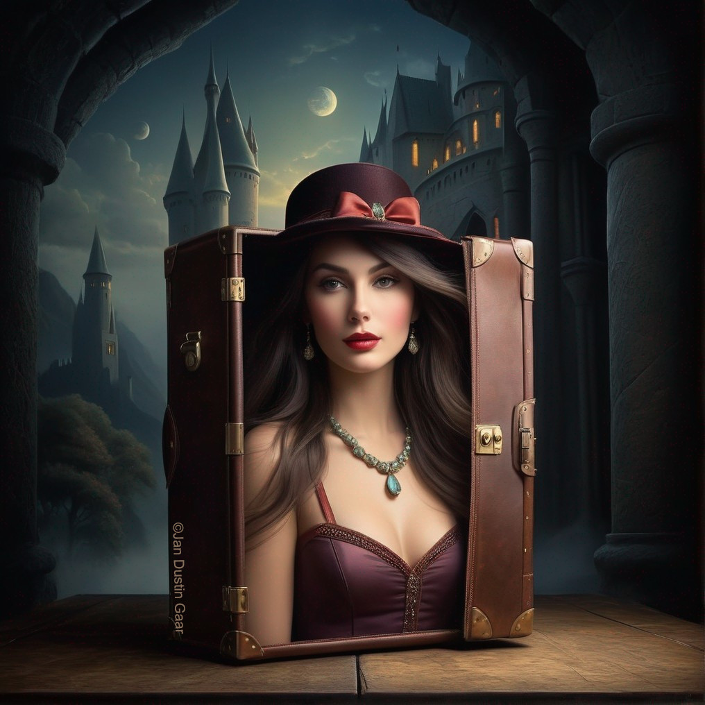 Mysterious Woman in Vintage Suitcase Near Castle