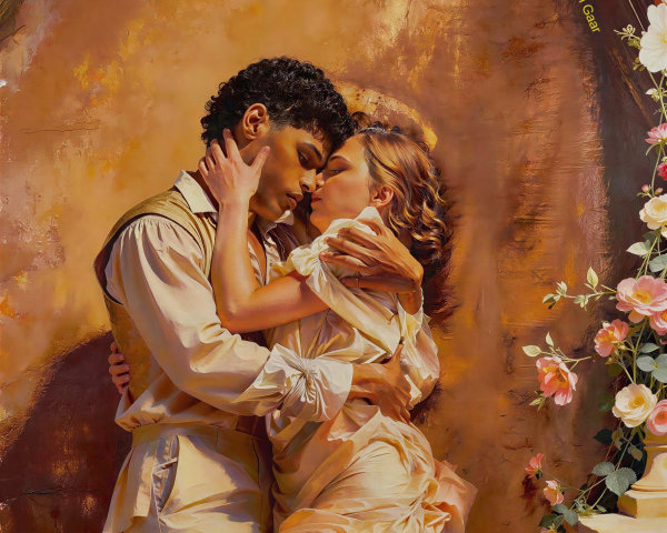 Oil Painting of a Couple Embracing with Floral Background