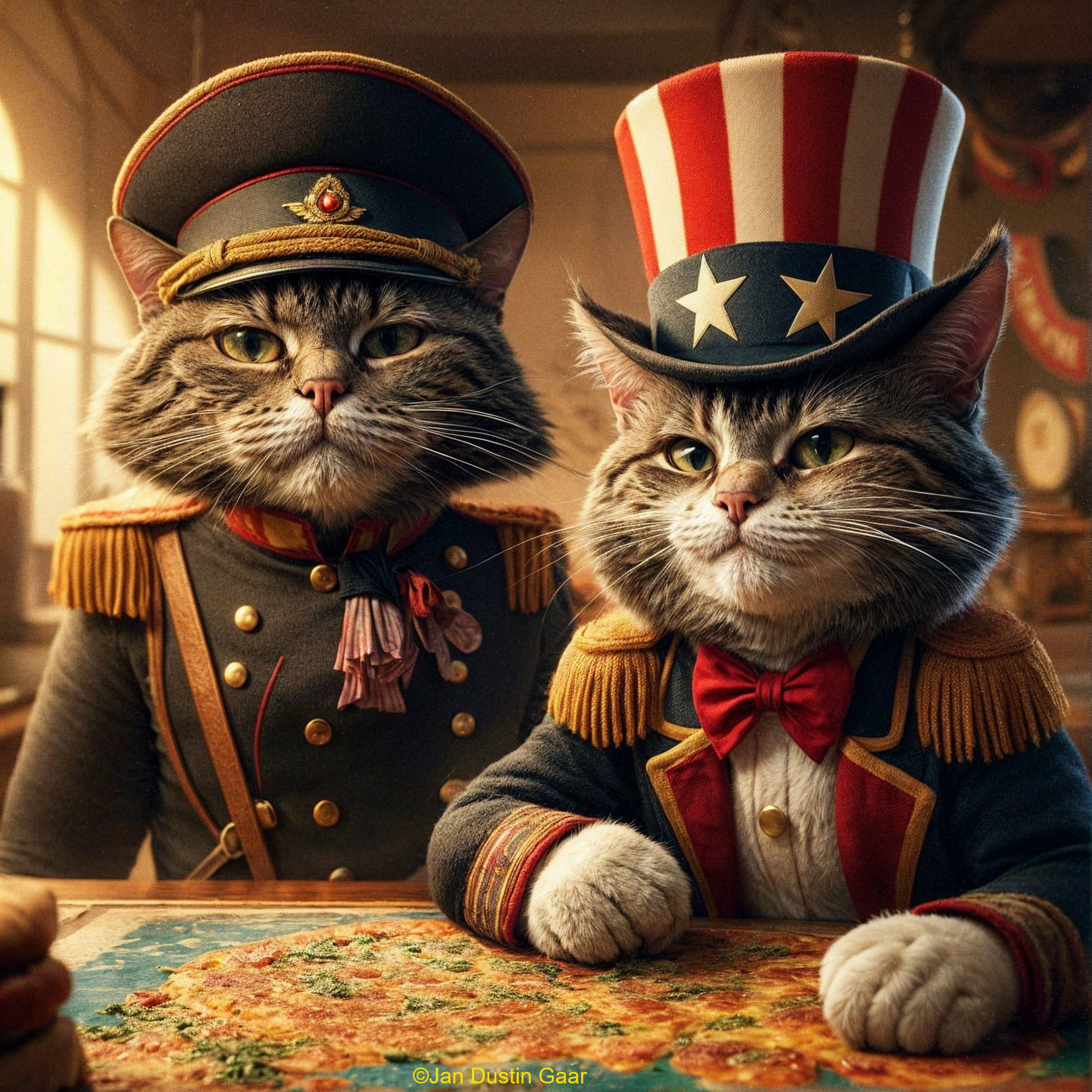 Sophisticated Cats in Historical Attire at a Table
