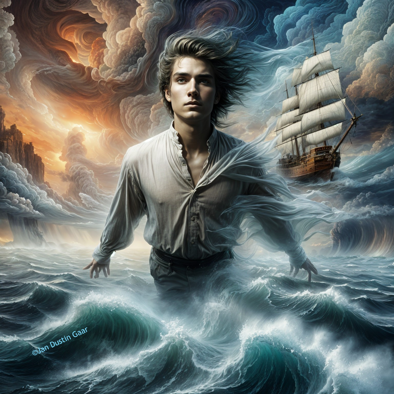 Young man in turbulent waves with sailing ship backdrop