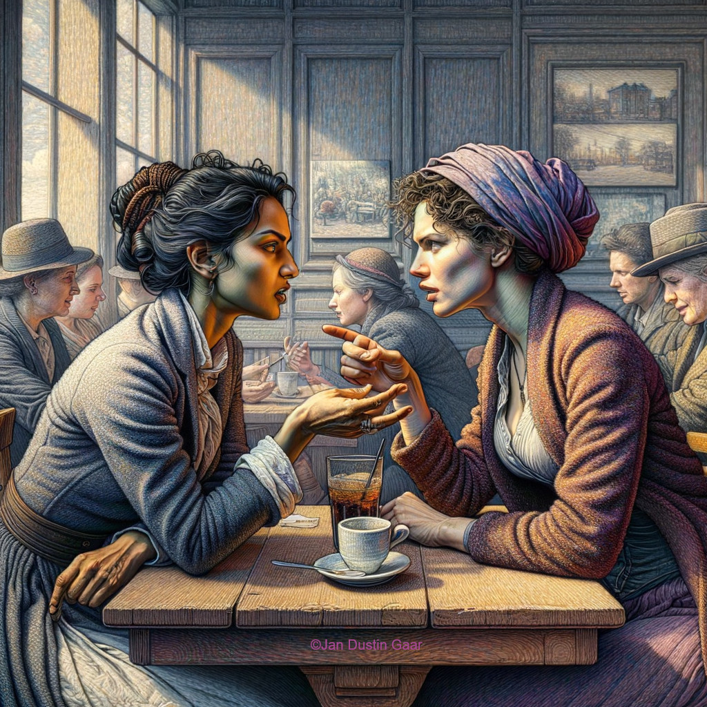 Vintage Attired Women Deep in Conversation at Quaint Cafe
