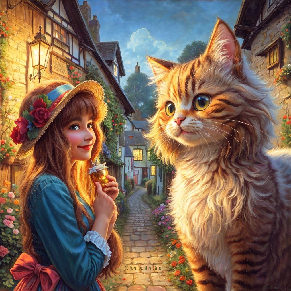 Young girl with ice cream and cat in quaint village
