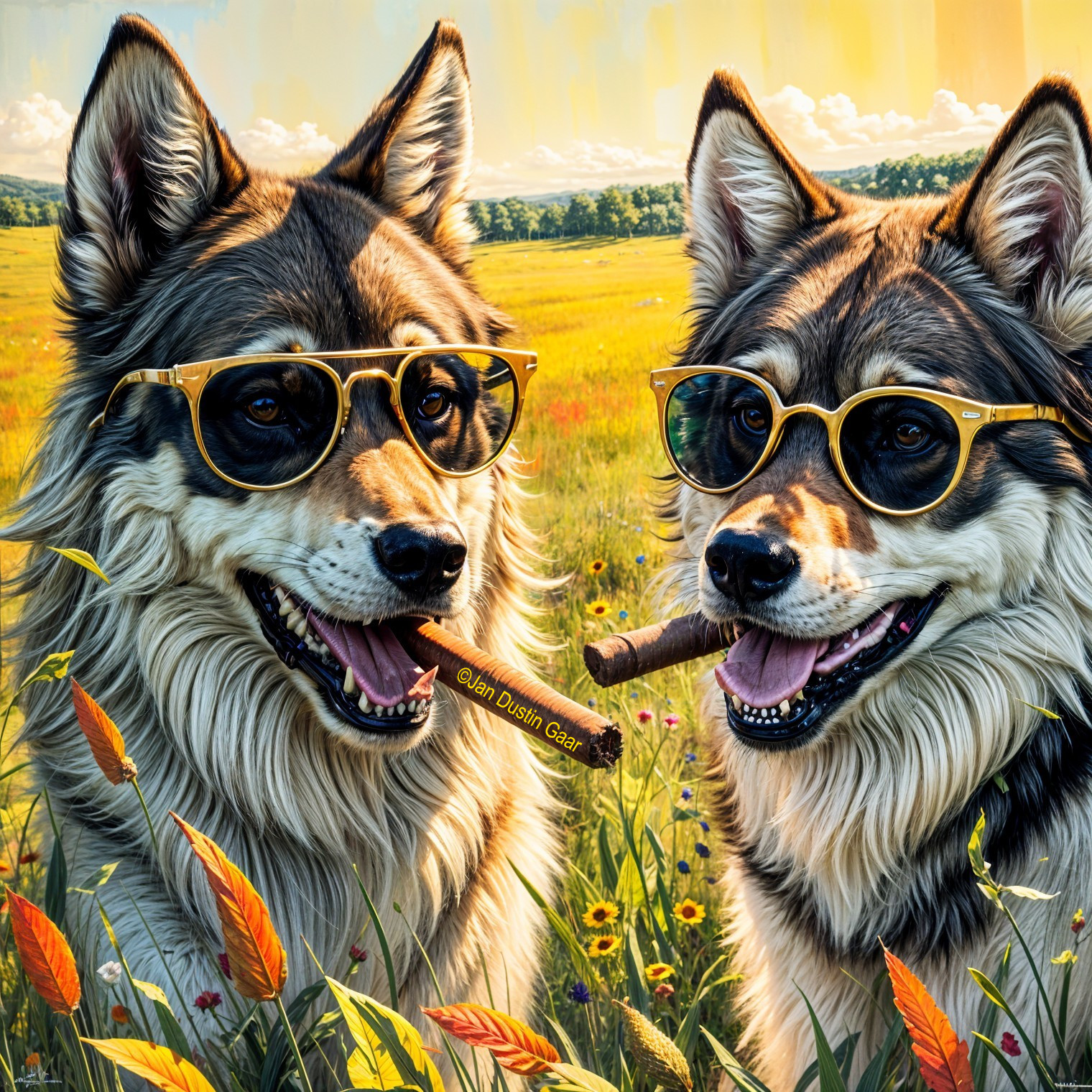 Stylish Dogs in Flower Field with Sunglasses and Cigar