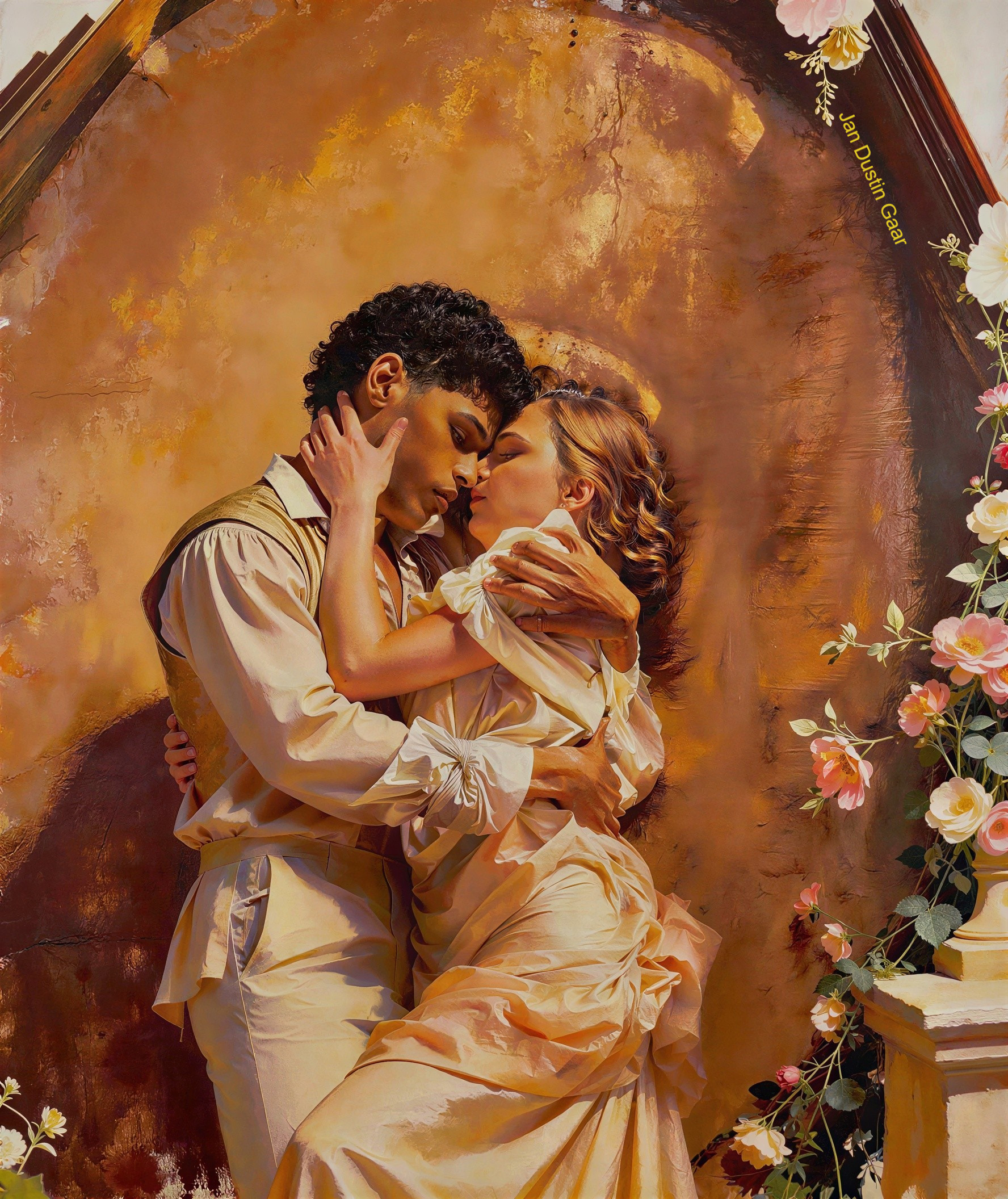 Oil Painting of a Couple Embracing with Floral Background