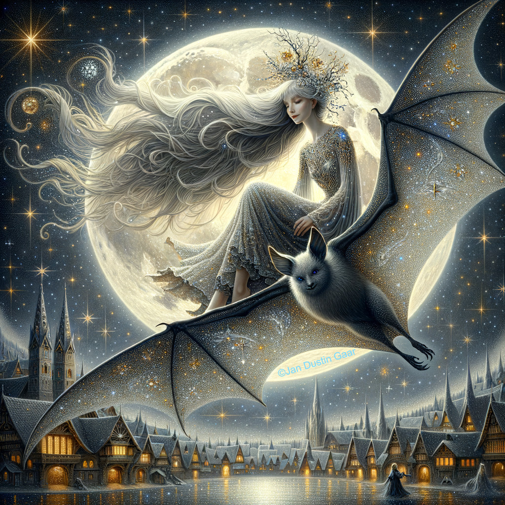 Mythical Night Scene with Woman and Castle Town