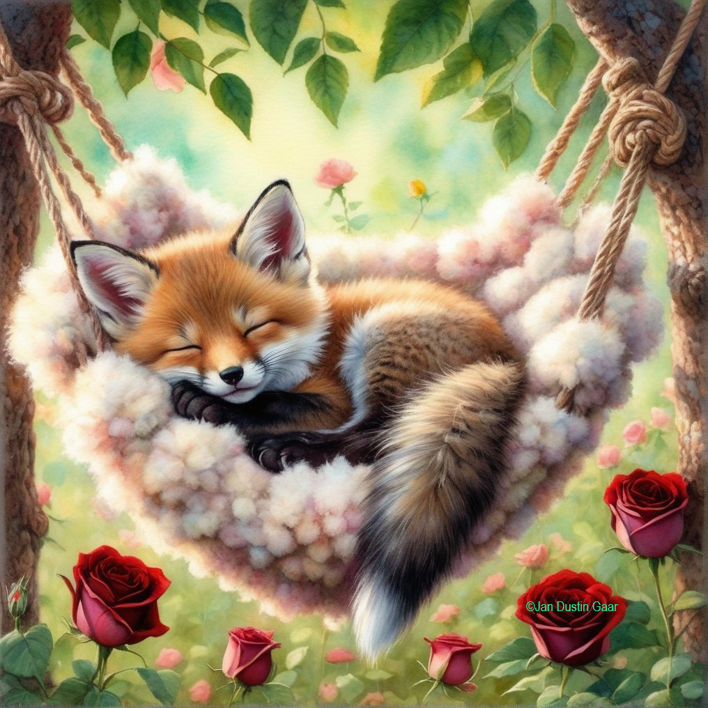 Fox Relaxing in a Hammock Among Trees and Flowers