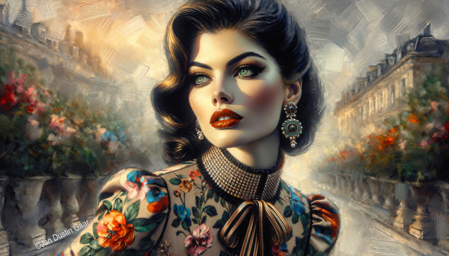 Elegant Woman in Floral Dress with Dramatic Makeup