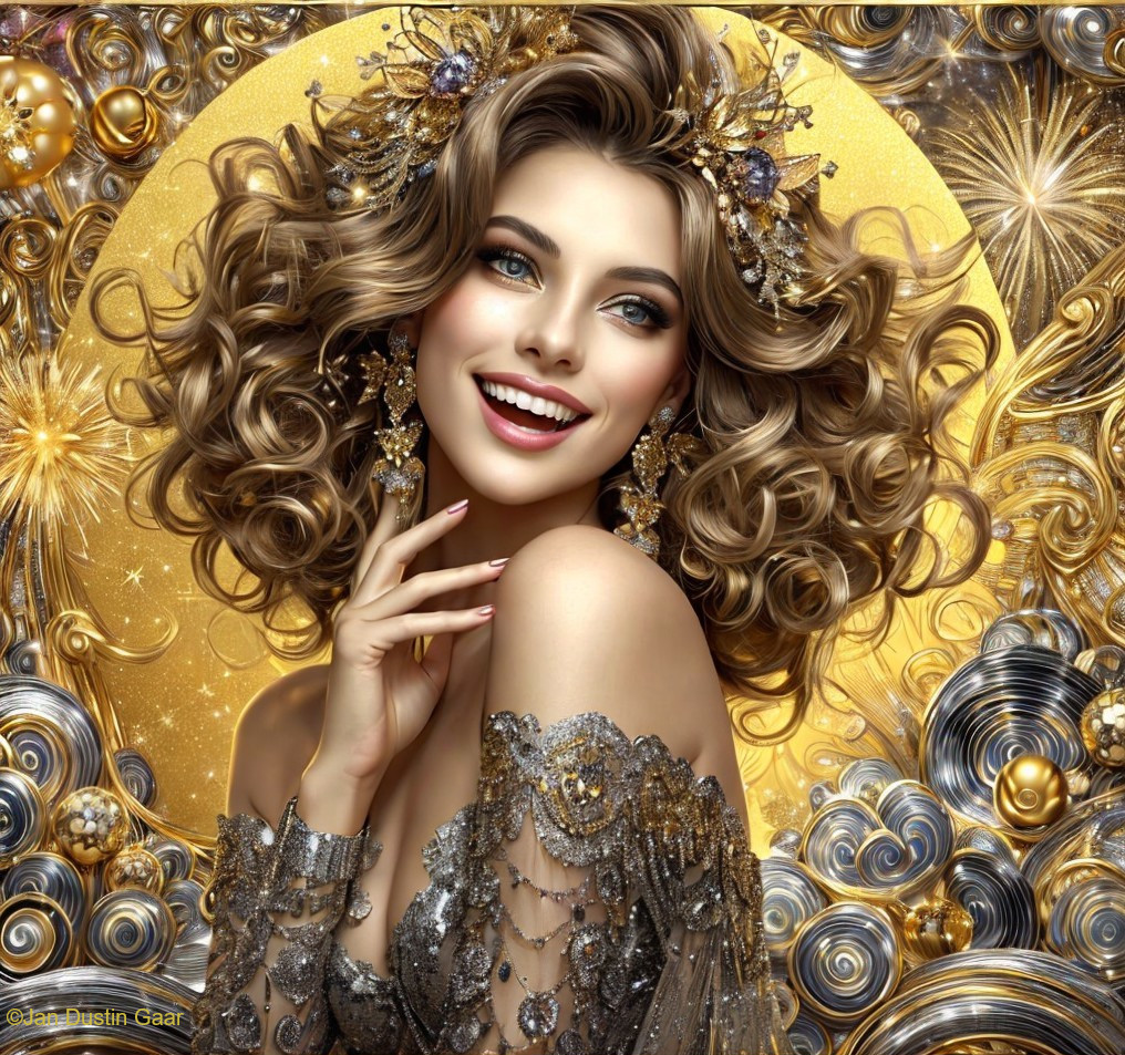 Illustrated woman with curly hair, gold halo, silver dress, and ornate swirls.