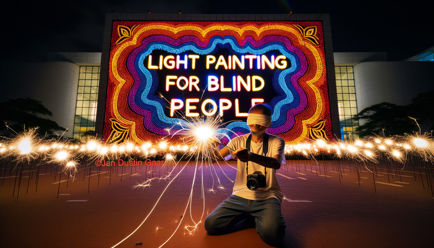 Blindfolded person with camera amid sparklers and colorful light painting display