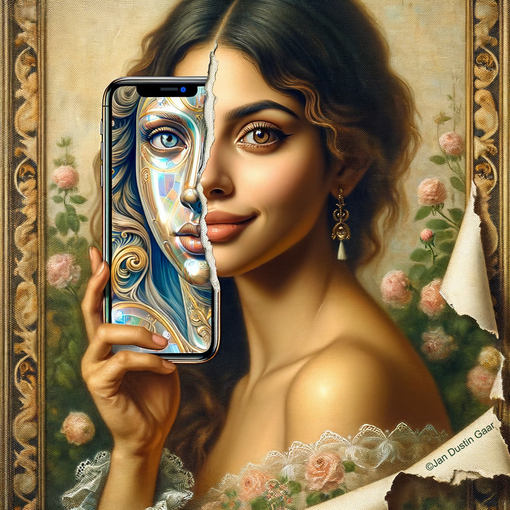 Classical Painting of Woman with Smartphone Reflection