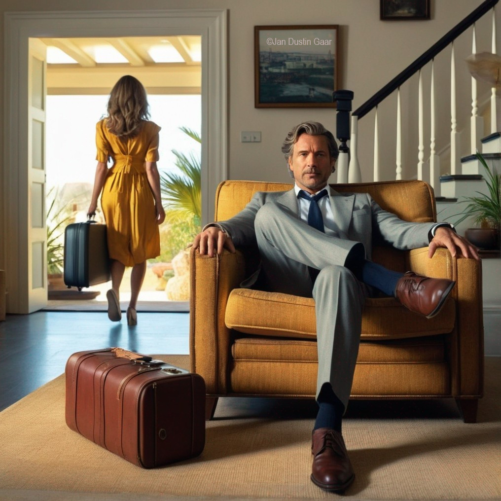 Modern Living Room Scene with Man and Woman Departing