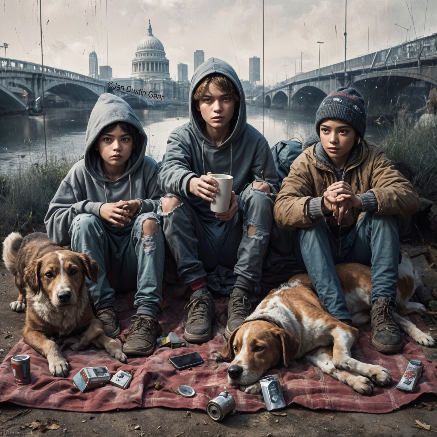Children by River with Dogs and City Skyline Background