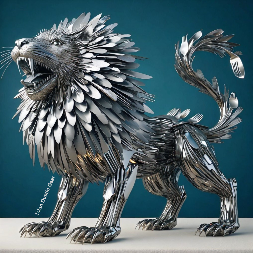 Lion digital artwork with cutlery mane and spoon body on teal background