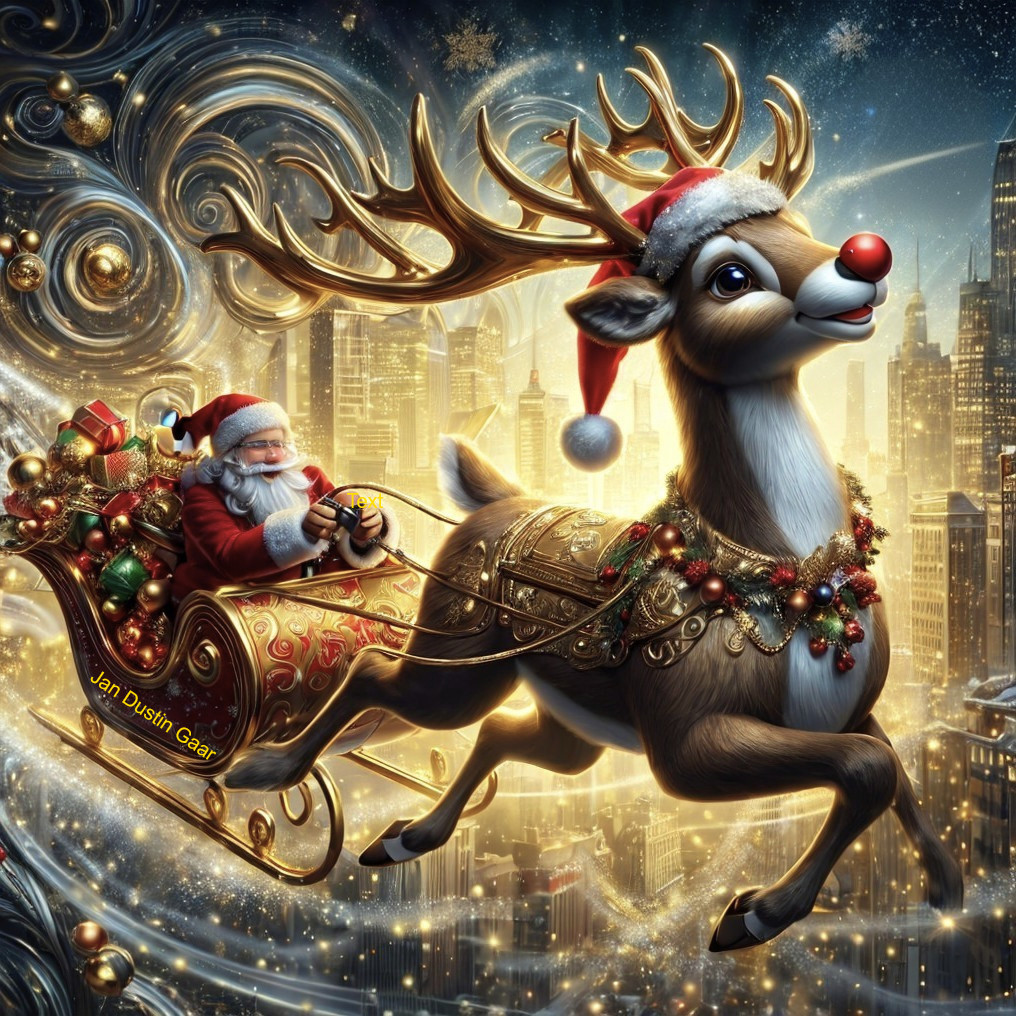 Santa Claus in sleigh with red-nosed reindeer flying over snowy cityscape.